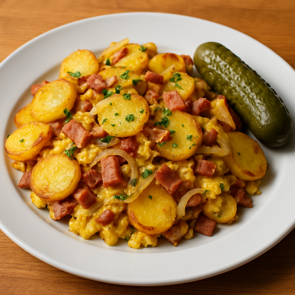 „Bauernfrühstück“ — deftige Bratkartoffeln in Ei mit Speck und Zwiebeln, Gewürzgurke