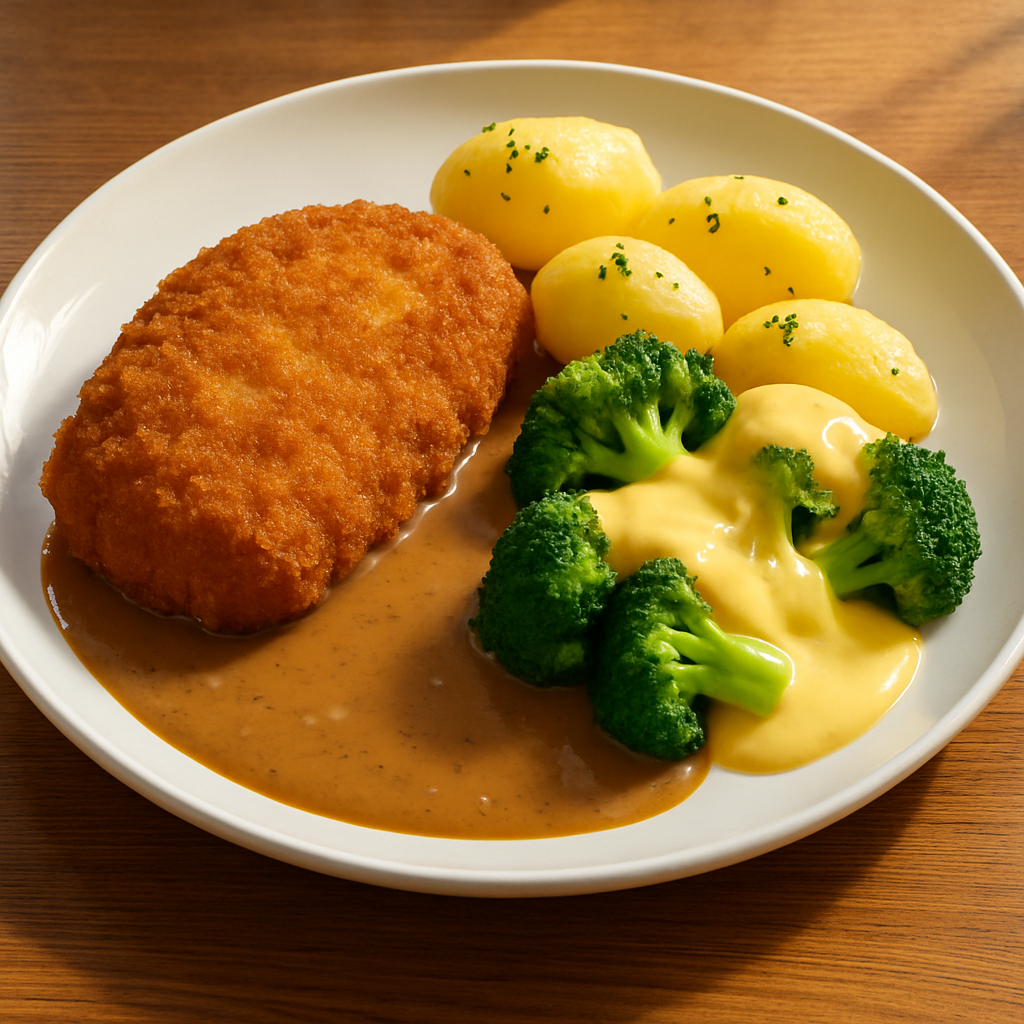 Cordon Bleu mit Rahmsoße, Broccoli, Sc. Hollandaise und Salzkartoffeln