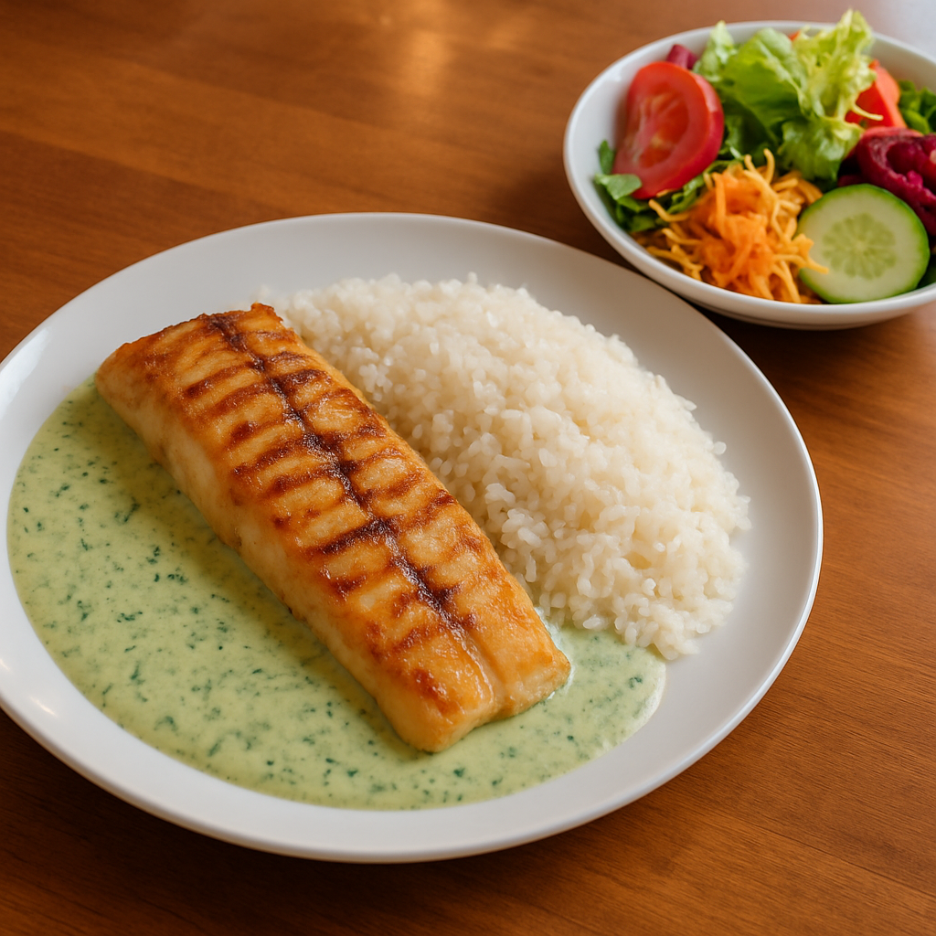 Gegrilltes Alaska-Seelachsfilet auf Kräutersoße mit Reis und ein Salatteller