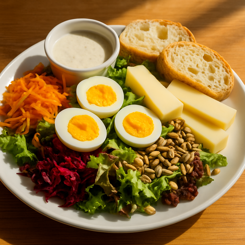 Bunter Salatteller mit Ei, Käse und gerösteten Sonnenblumenkernen, dazu Dressing und Baguette