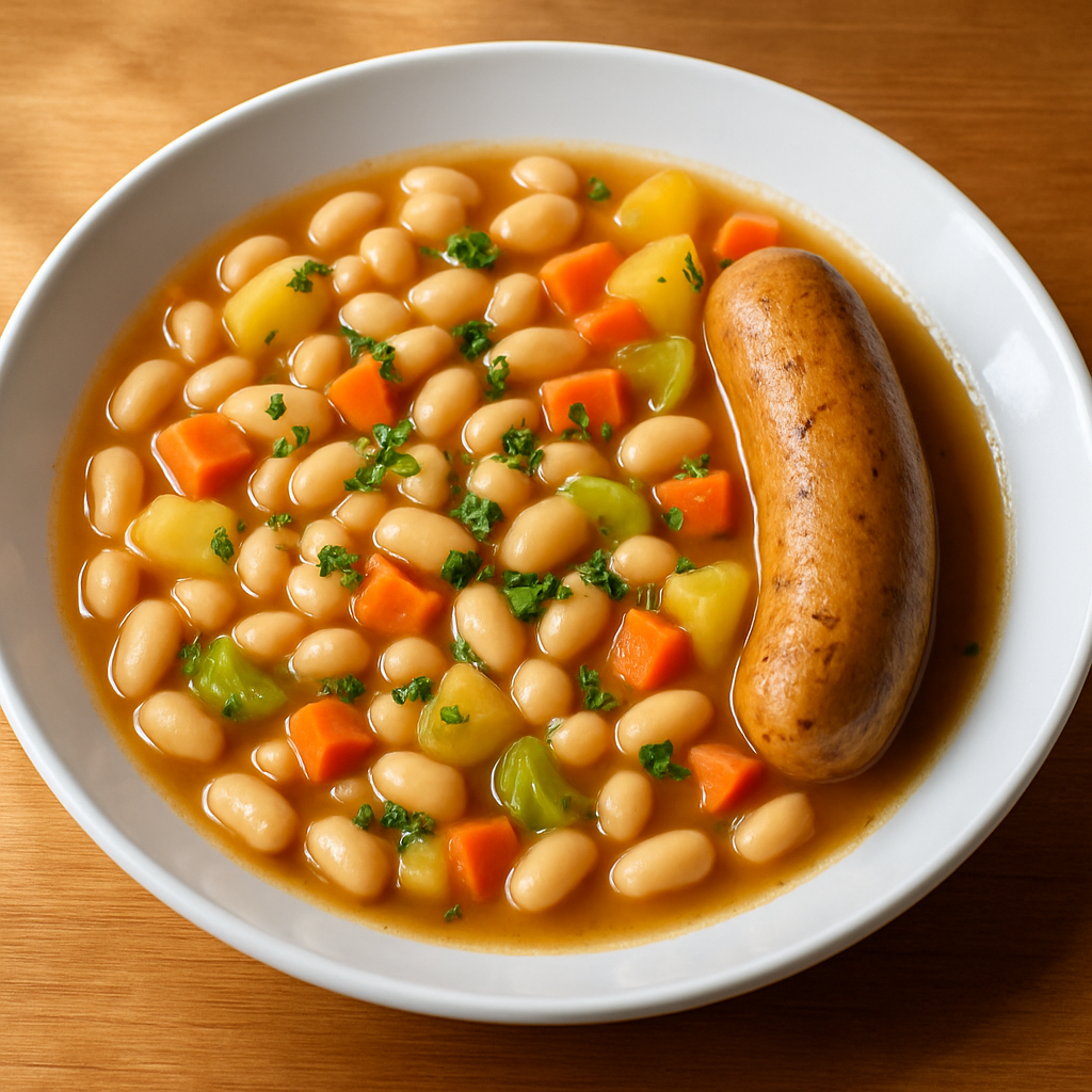 Weißer Bohneneintopf mit vegetarischer Wurst
