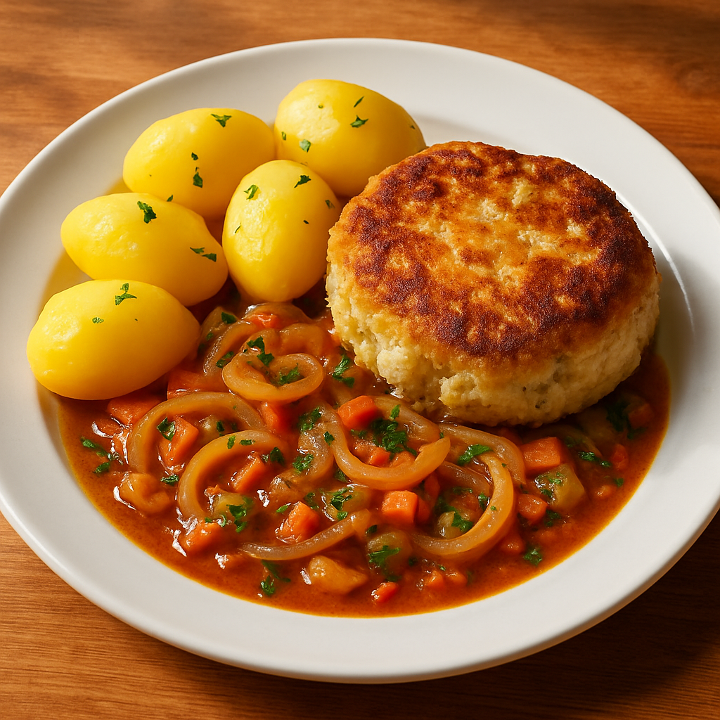 Blumenkohl-Käse-Medaillon auf Zwiebel-Gemüse-Soße mit Salzkartoffeln