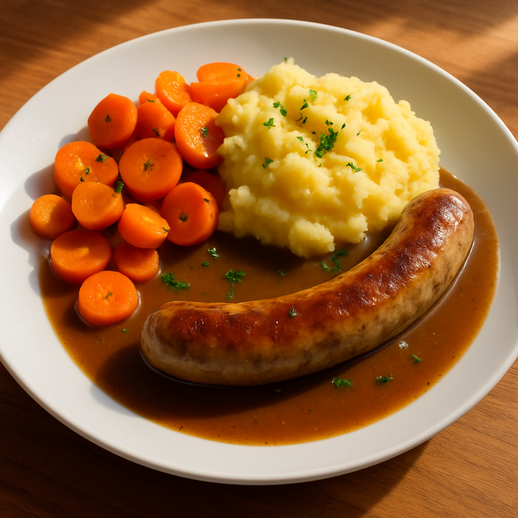 Geflügelbratwurst mit Soße, Karotten und Kartoffelstampf