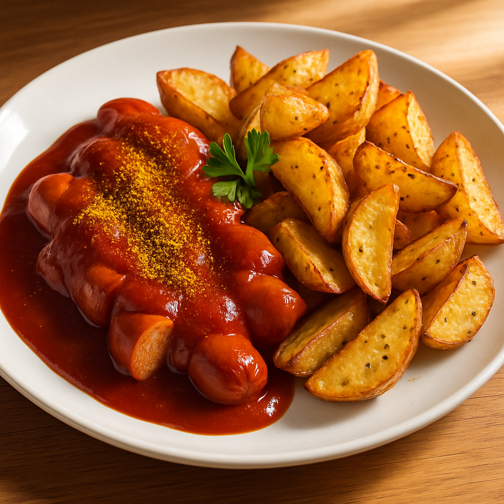 Currywurst mit gebackenen Kartoffelecken