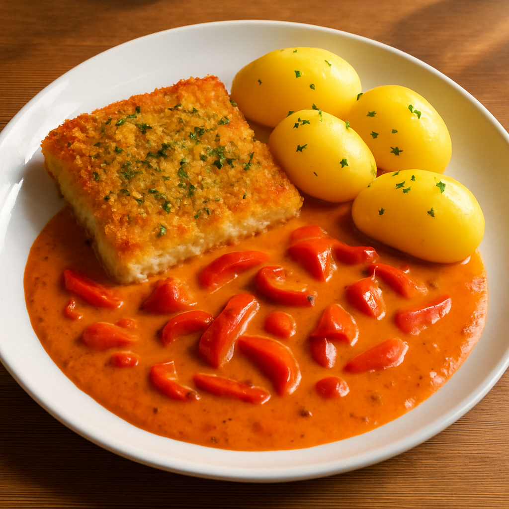 Fischfilet „Bordelaise“ mit Paprika-Rahmsoße und Kartoffeln