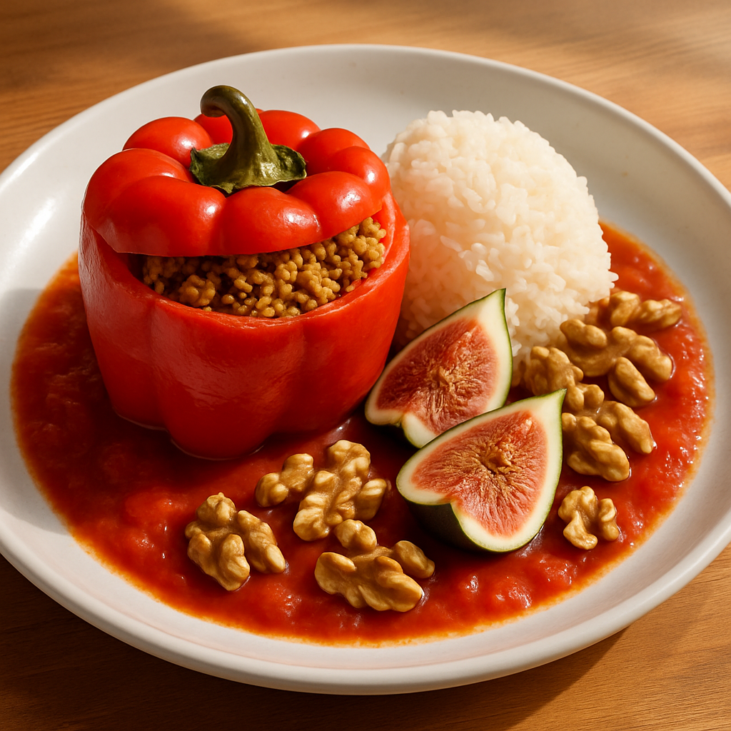 Paprikaschote mit Soja-Gehacktem, Reis, Feigen und Walnüssen auf Tomatensugo