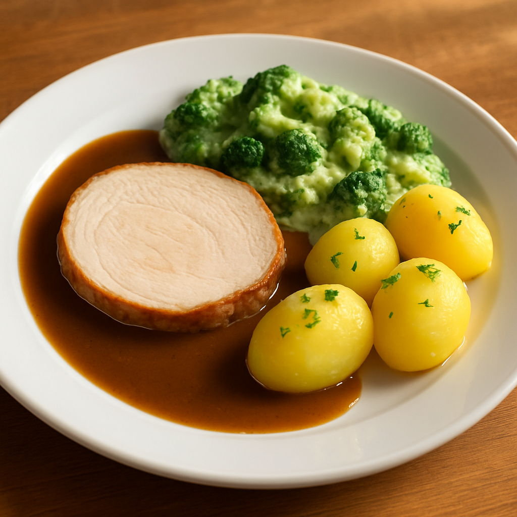 Scheibe von der Putenbrust mit Bratensoße, Broccoli in Rahm und Salzkartoffeln