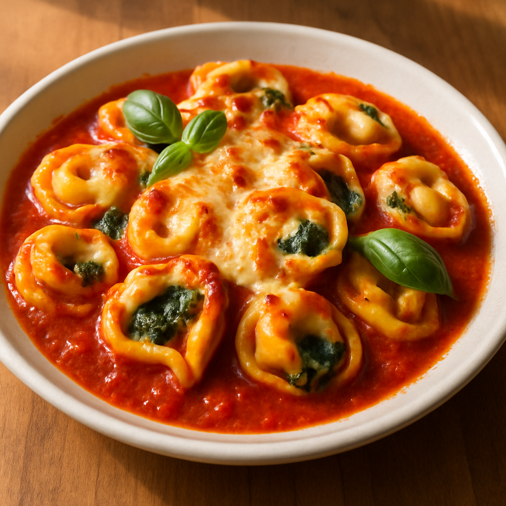 Tortellini mit Spinat und Ricotta gefüllt in Tomatensoße und Käse gebacken