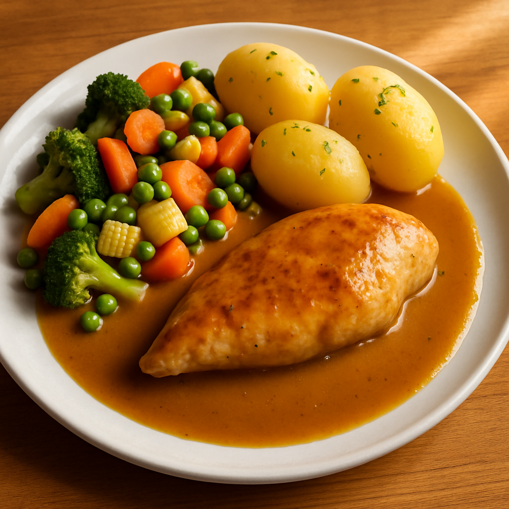 Hähnchenbrustfilet in Geflügelsoße mit buntem Gemüse und Kartoffeln