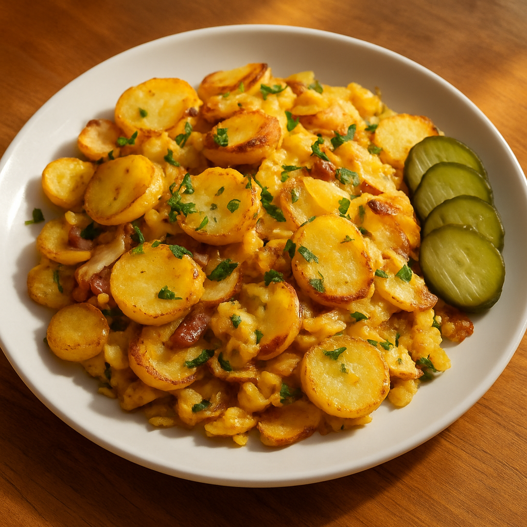 „Bauernfrühstück“ — deftige Bratkartoffeln in Ei mit Zwiebeln und Gewürzgurke