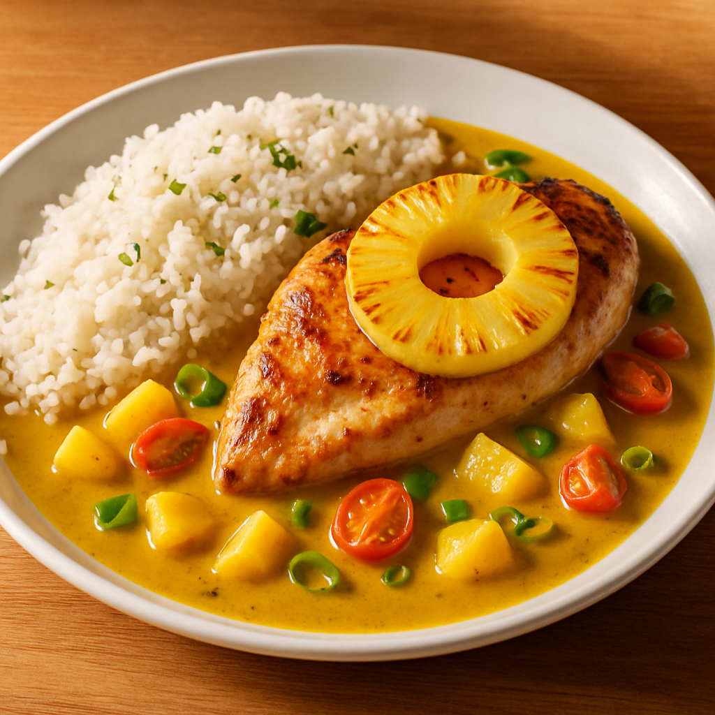 Hähnchenbrust „Hawaii“ in fruchtiger Currysoße und Reis