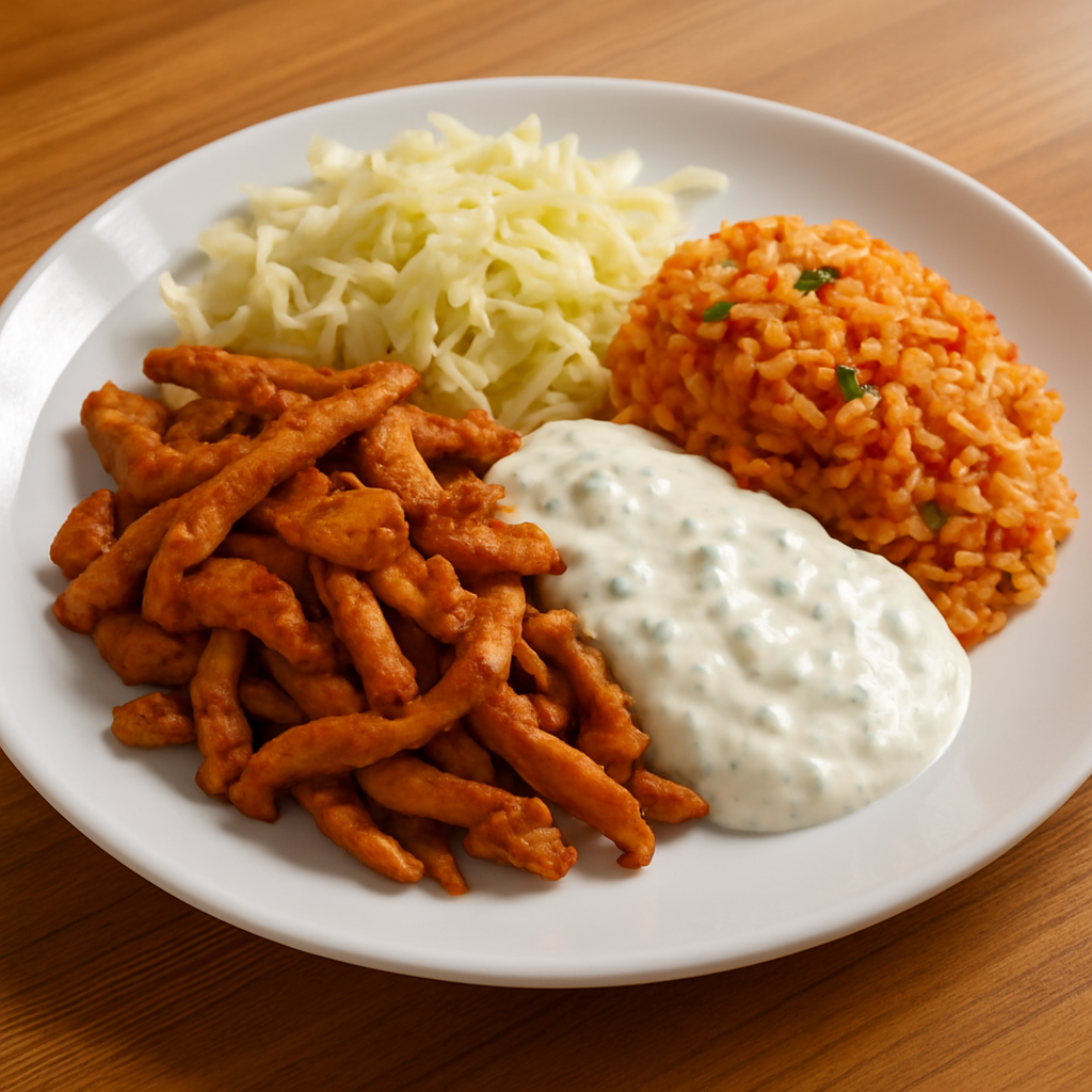 Geflügelgeschnetzeltes „Gyros Art“ mit Krautsalat, Tzatziki und Djuwetschreis